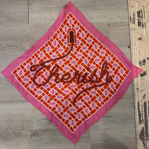 Women's 100% Silk Scarf Pink Orange And White Check Pattern “Cherish” 23inX23in - Picture 1 of 5